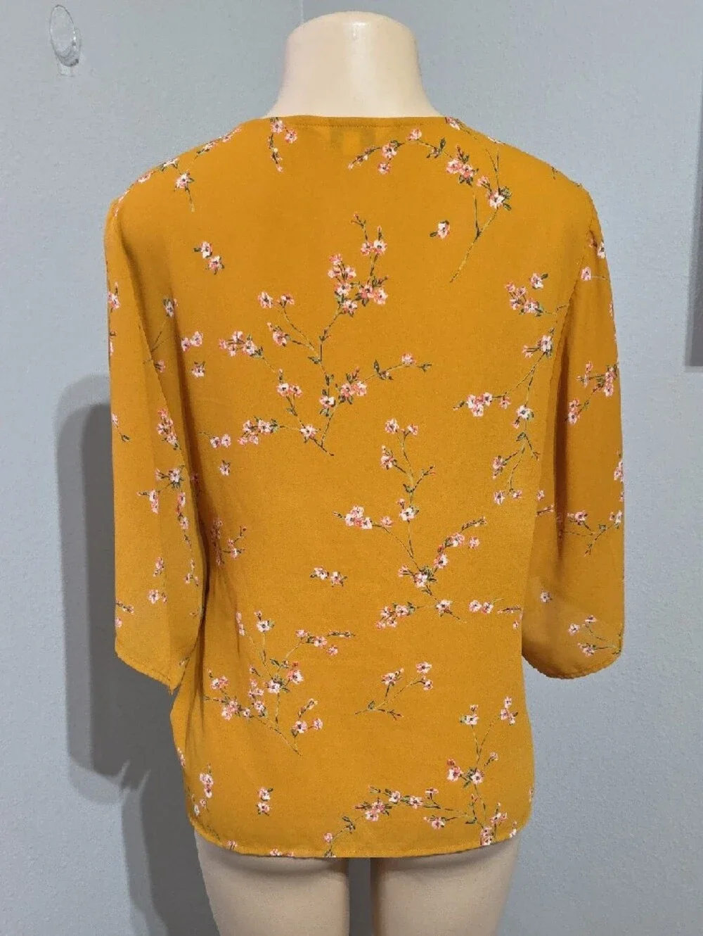 Express Mustard Floral Side-Tie Wrap Top Size L - Picture 7 of 12